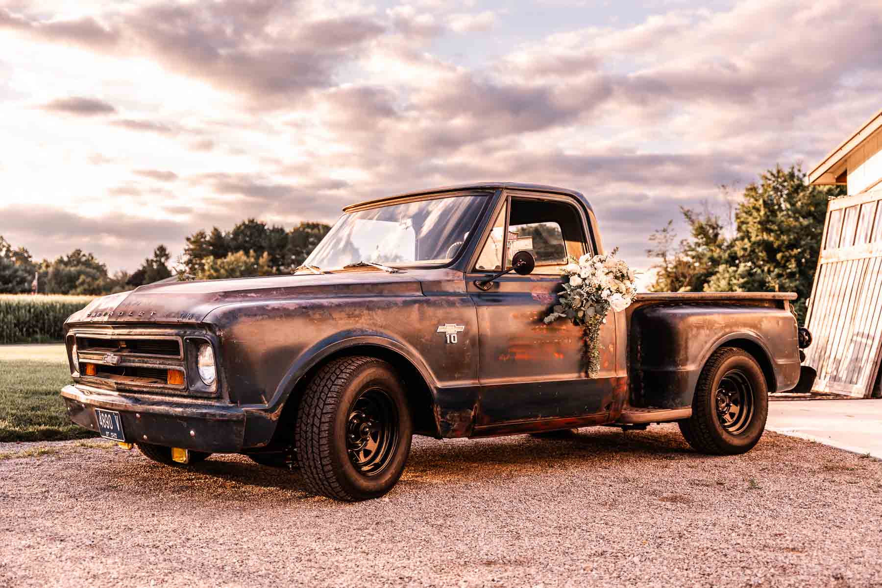 1967 Chevy Truck with Bridal Flowers at wedding