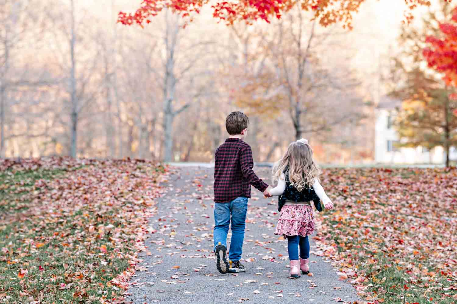 Sister and brother walking hand in hand in fall