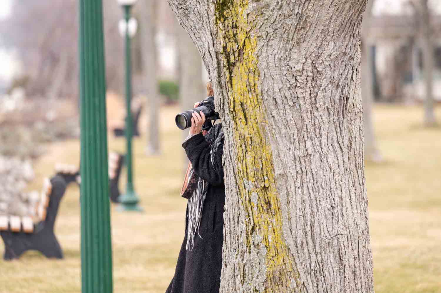 Photographer hiding behind a tree